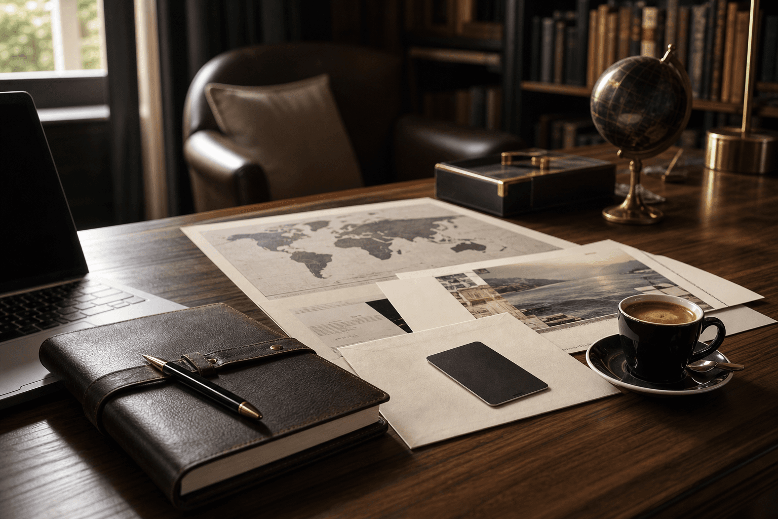Travel planning materials arranged on a refined hotel library desk